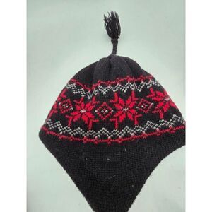 L.L. Bean Mens Black & Red Snowflake Wool Tassel Knit Winter Hat